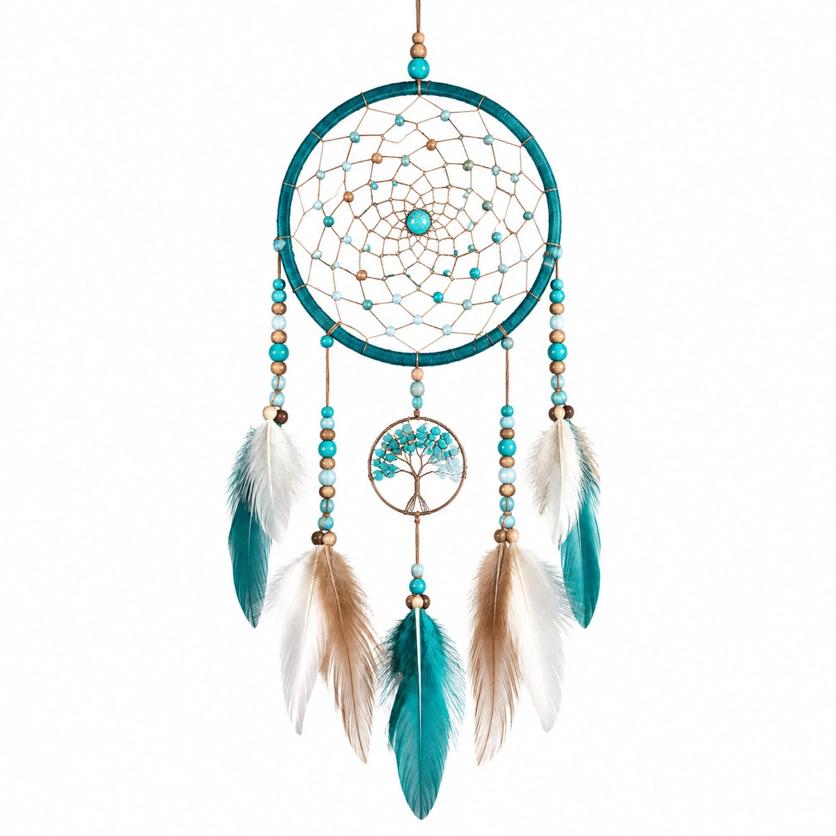 Attrape-rêves 30 x 80 cm en textile turquoise avec perles et plumes décoratives