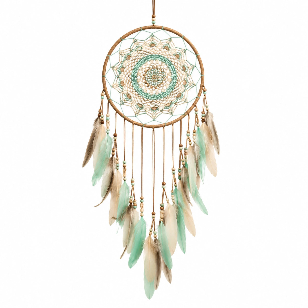 Attrape-rêves 30 cm x 75 cm en corde et plumes vert menthe beige décoration murale tressée