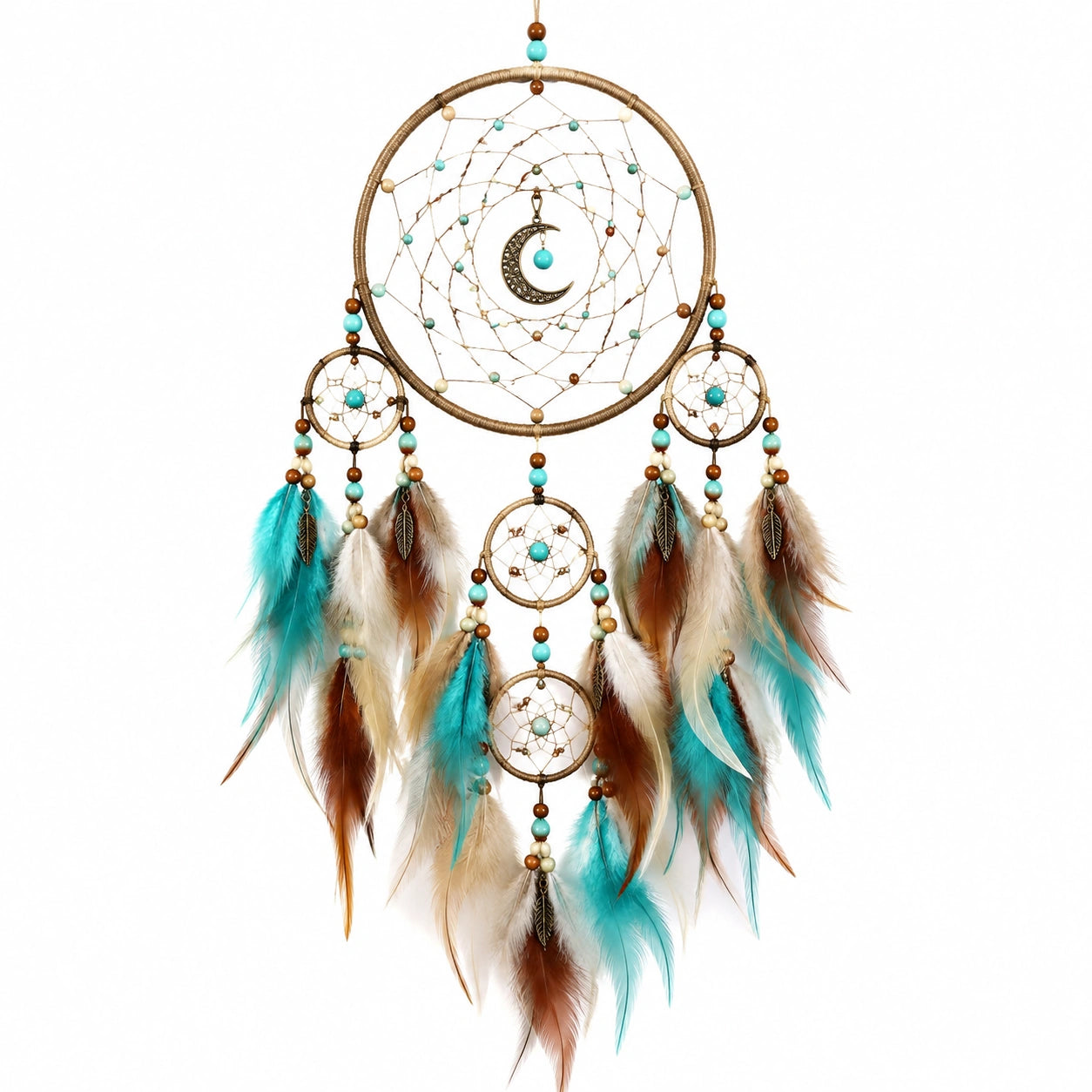 Attrape-rêves 35 x 90 cm en métal et plumes turquoise marron style bohème à suspendre