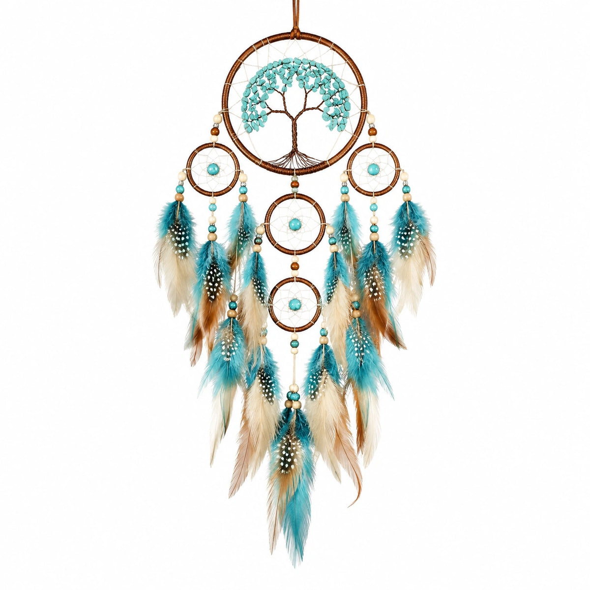 Attrape-rêves mural 40 x 85 cm en métal et plumes turquoise style bohème