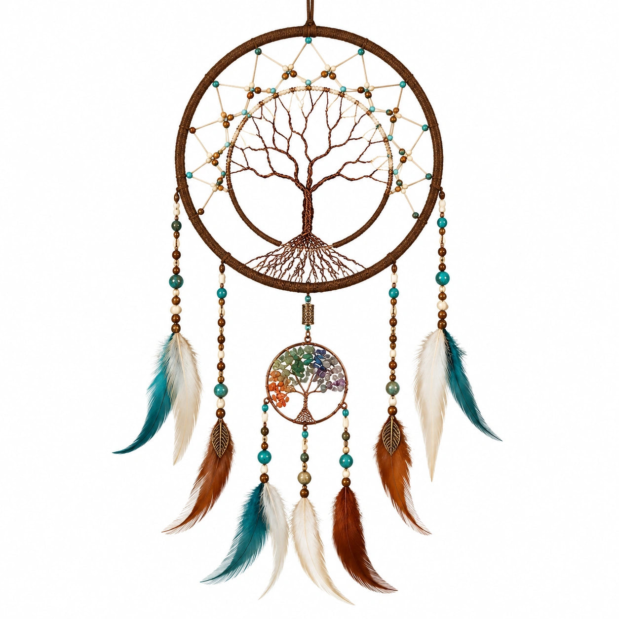 Attrape-rêves 30 x 85 cm en corde brune avec perles et plumes multicolores - Suspension murale arbre décorative