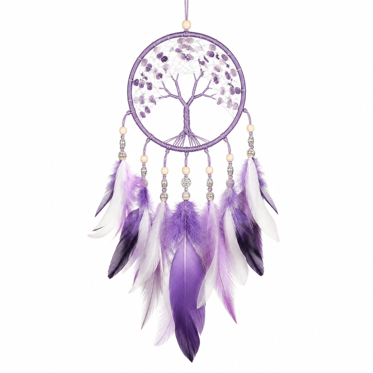 Attrape-rêves 16 x 55 cm violet en fil et plumes décoration murale