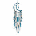 Attrape-rêves lune 22 x 70 cm en corde et plumes bleu blanc décoration murale suspendue