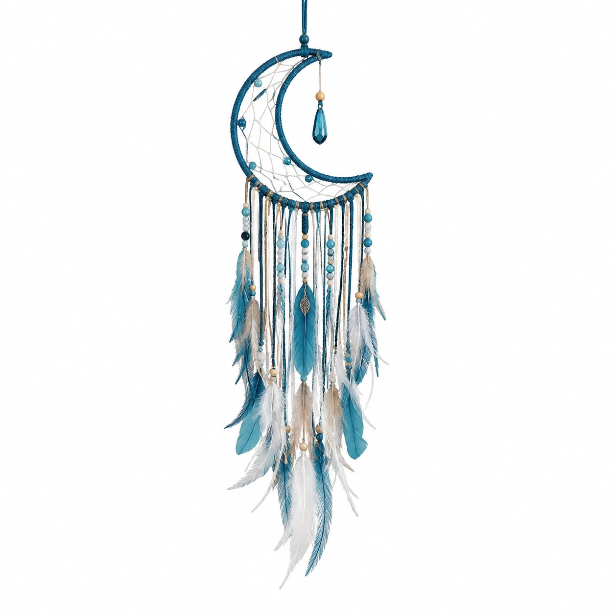 Attrape-rêves lune 22 x 70 cm en corde et plumes bleu blanc décoration murale suspendue