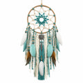 Attrape-rêves 35 x 85 cm en cordons textiles turquoise beige avec plumes décoratives suspendues