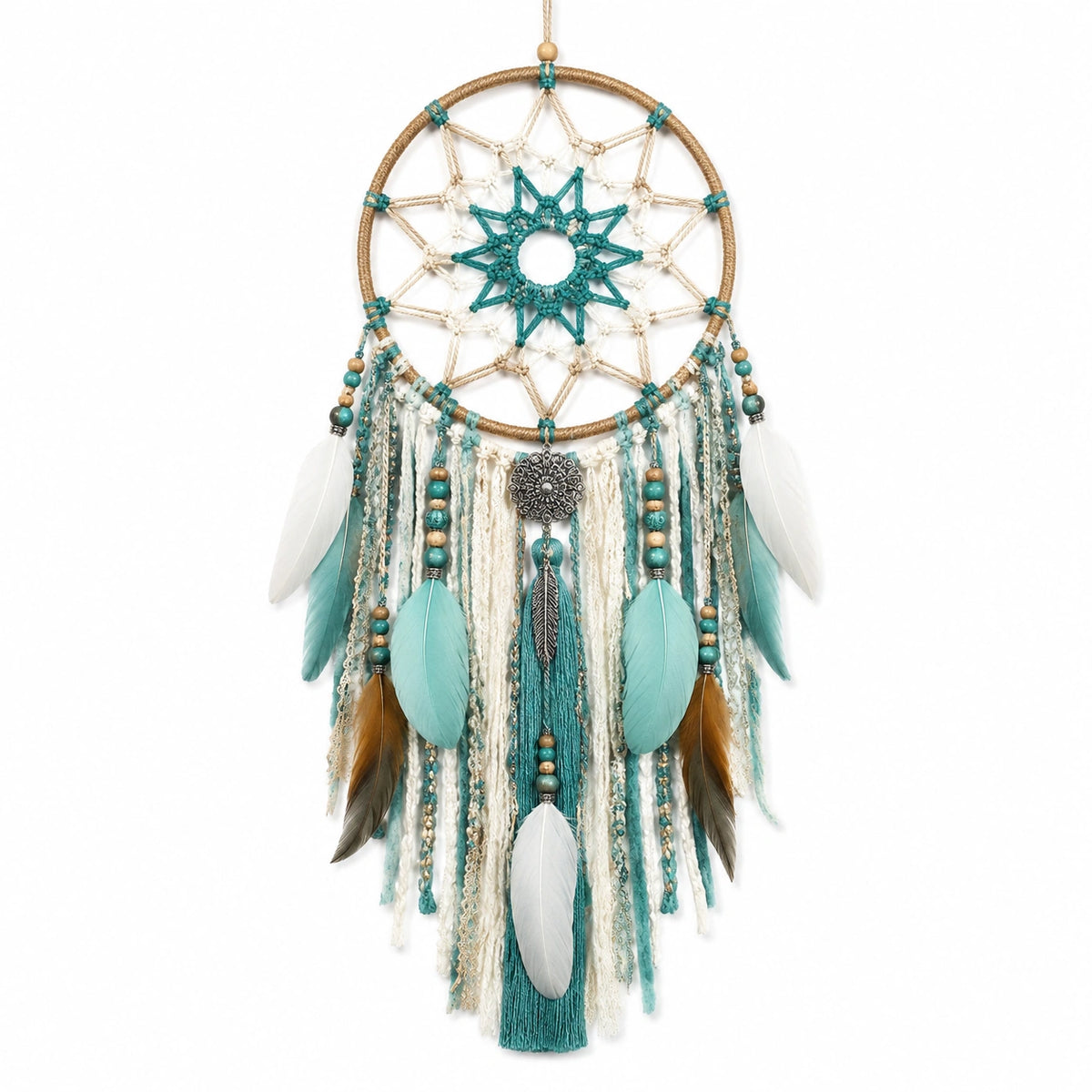 Attrape-rêves 35 x 85 cm en cordons textiles turquoise beige avec plumes décoratives suspendues