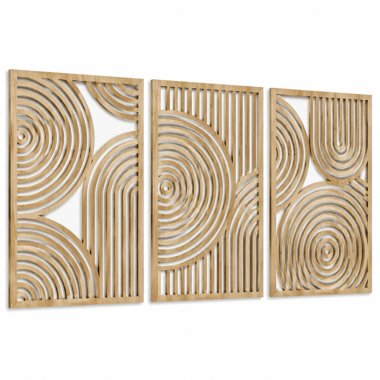 Décoration murale 3 panneaux 80 x 40 cm bois naturel ajouré géométrique