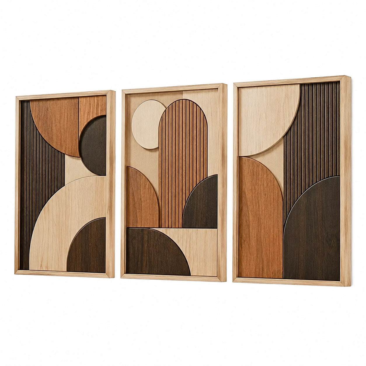 Lot de 3 panneaux muraux 30 x 60 cm en bois brun beige style géométrique