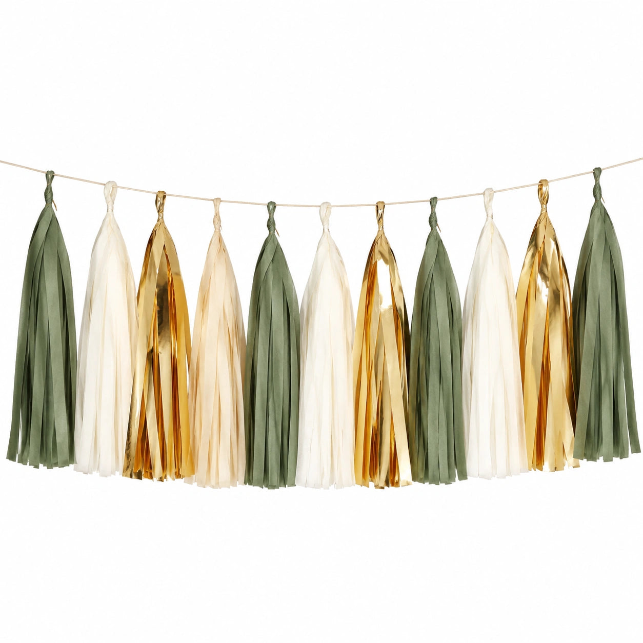 Guirlande à pampilles 150 cm en papier vert sauge blanc doré pour décoration de fête