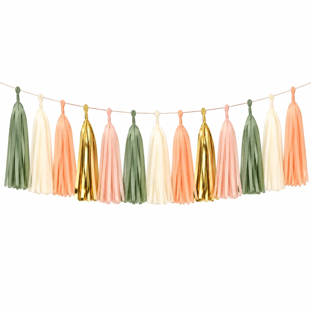 Guirlande à pampilles 300 cm en papier vert sauge crème pêche rose doré pour décoration de fête