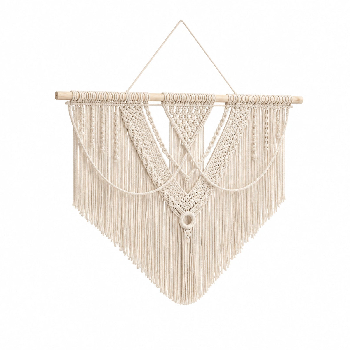 Tenture murale macramé 80 cm x 100 cm en coton beige avec franges style bohème