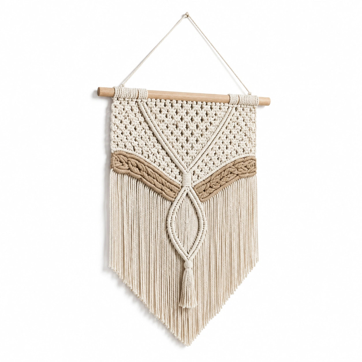 Tenture murale 40 x 70 cm en coton écru et beige avec bois style bohème décoratif