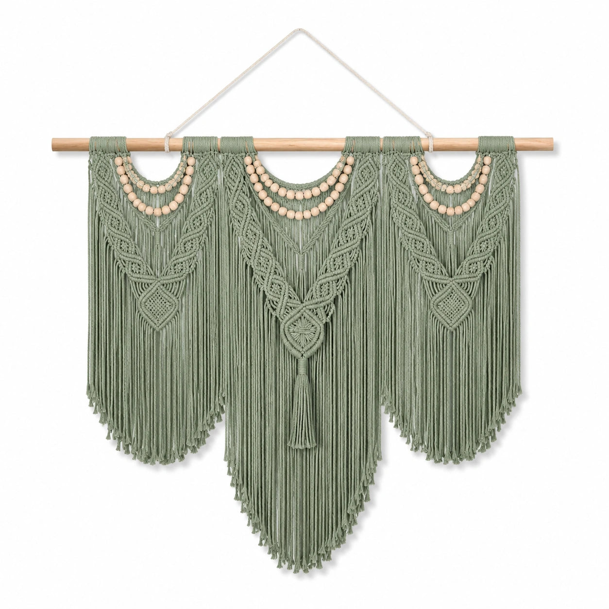 Tapis mural en macramé 100 x 100 cm coton vert sauge style bohème à franges