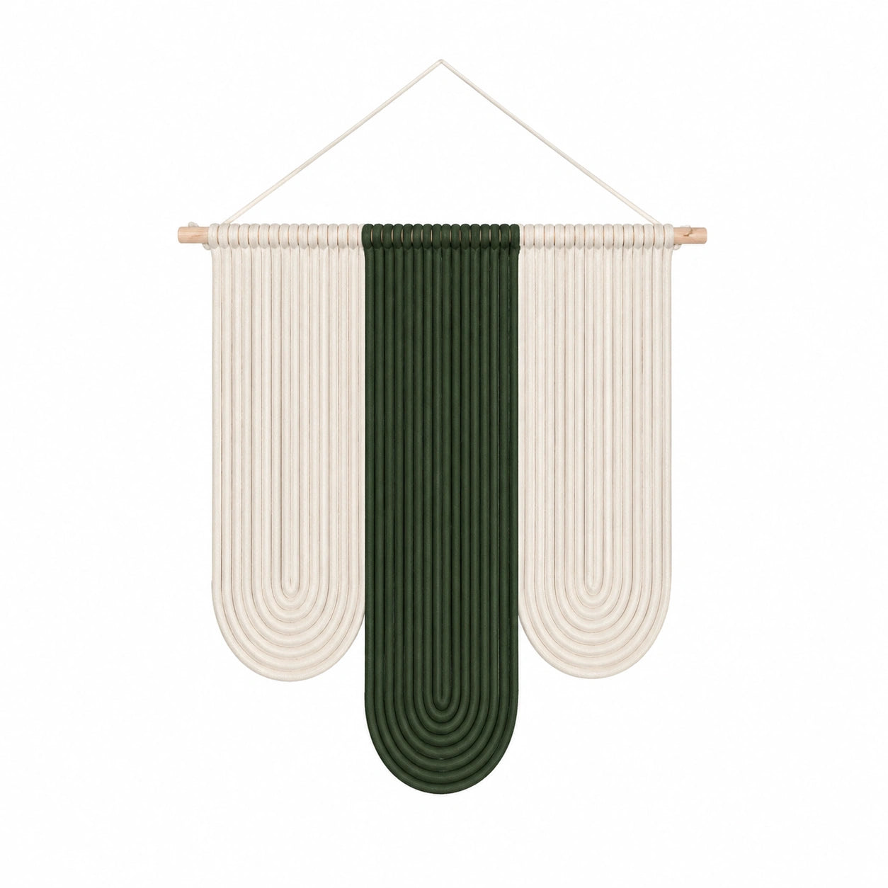Tenture murale 50 x 85 cm en corde de coton vert foncé écru style bohème