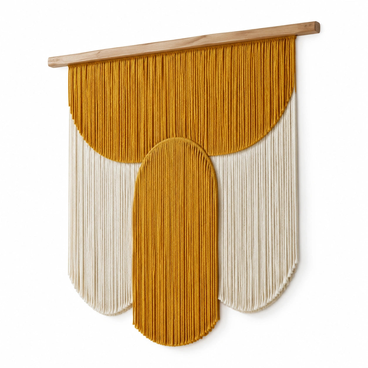 Tenture murale 80 x 105 cm en coton jaune et écru avec barre en bois style bohème