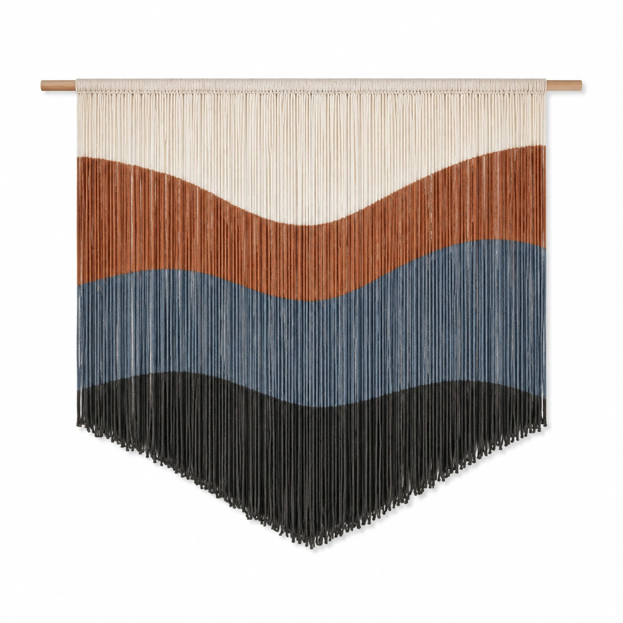 Tapisserie murale 90 x 100 cm en fibres textiles beige marron bleu gris avec barre en bois style bohème