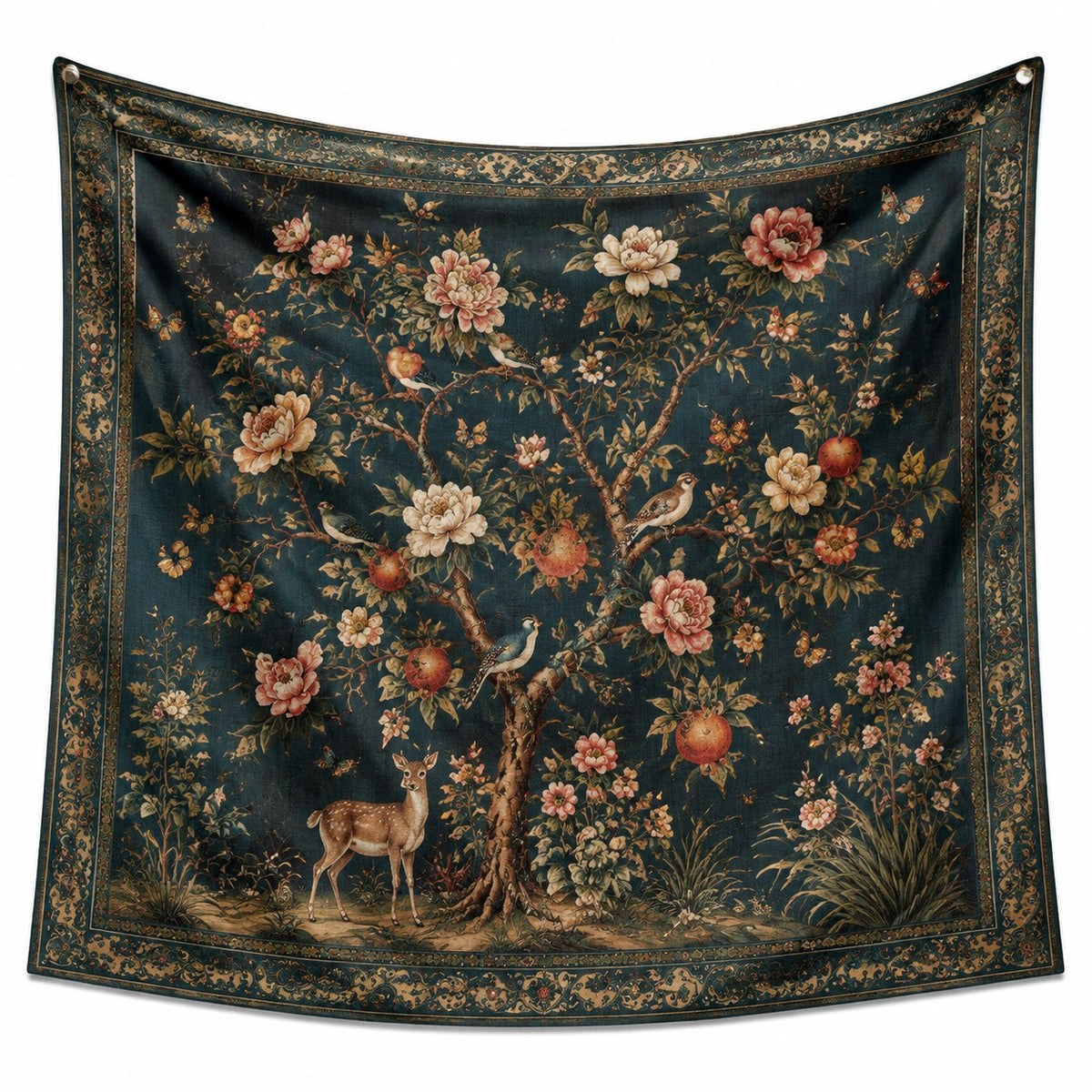 Tapisserie murale 150 x 150 cm en polyester bleu foncé à motif floral et animalier style classique