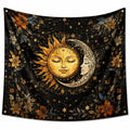Tapisserie murale 150 x 150 cm en polyester noir motif soleil lune floral style céleste