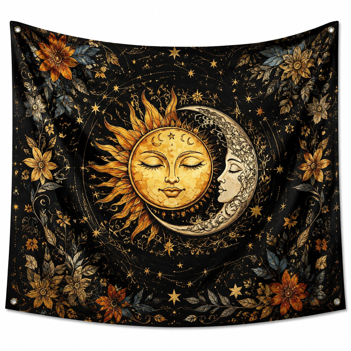 Tapisserie murale 150 x 150 cm en polyester noir motif soleil lune floral style céleste