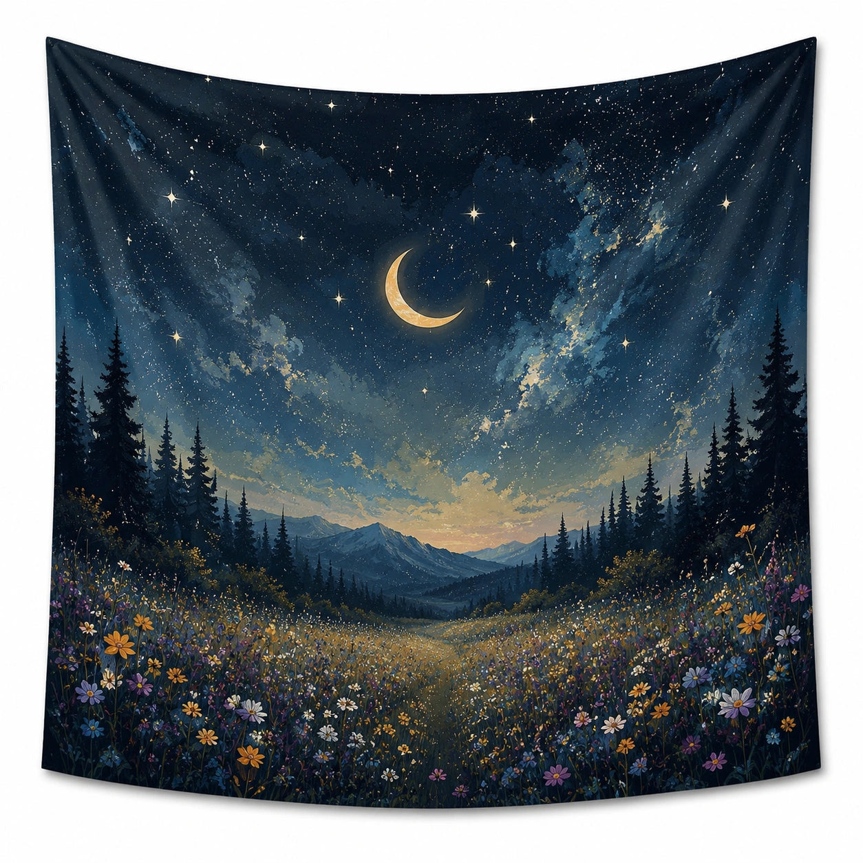 Tapisserie murale 150 x 130 cm en polyester bleu nuit paysage céleste décorative