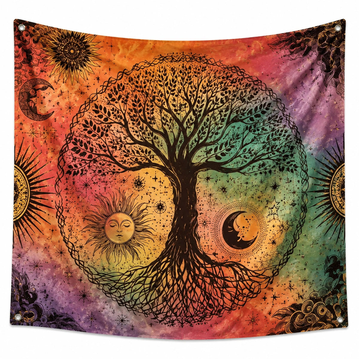 Tenture murale 150 x 130 cm en polyester multicolore arbre de vie style céleste