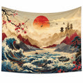Tapisserie murale 150 cm x 130 cm en polyester beige bleu rouge motif paysage marin style asiatique