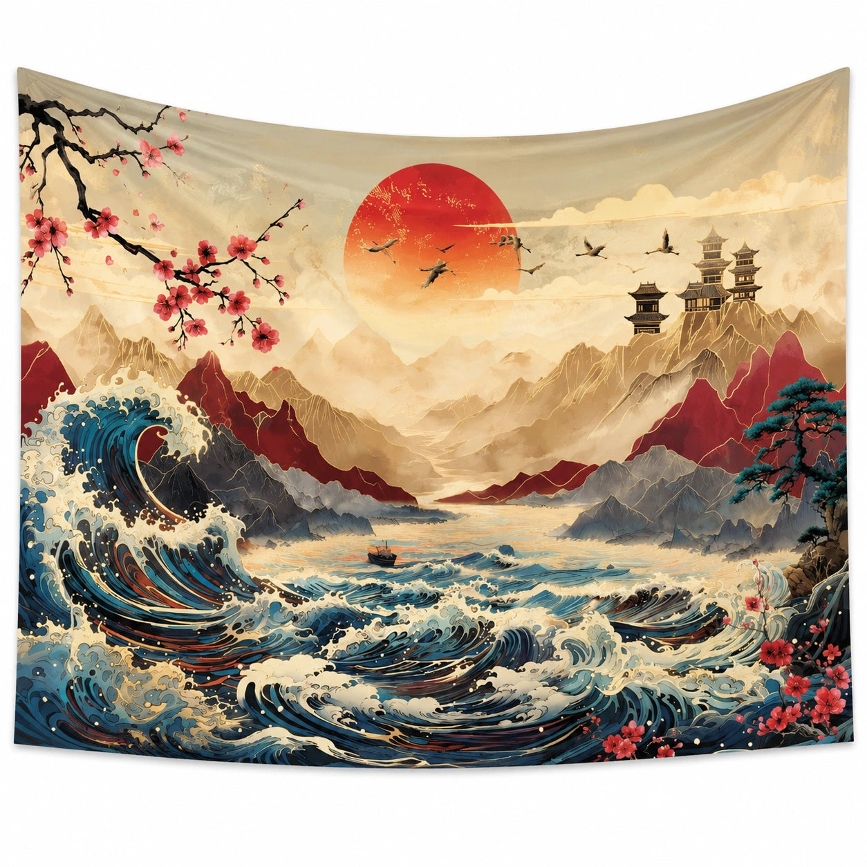 Tapisserie murale 150 cm x 130 cm en polyester beige bleu rouge motif paysage marin style asiatique