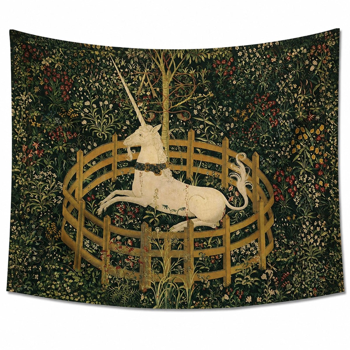 Tapisserie murale 150 x 130 cm en tissu imprimé vert style médiéval décoratif